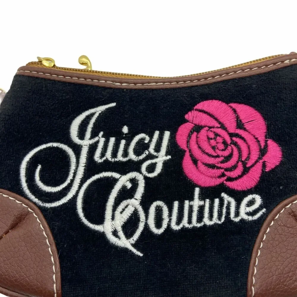 Juicy Couture Wristlet Black Brown Velour Retro y2k Embroidered Rose Pink